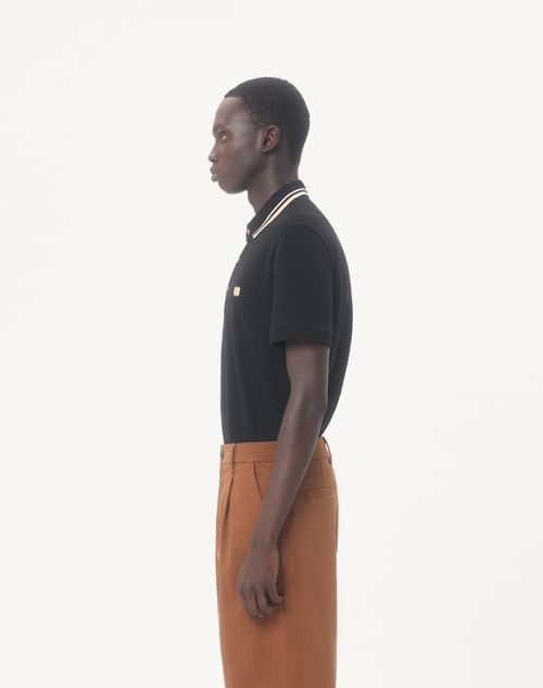 Valentino - Cotton Piqué Polo Shirt With Vlogo Patch - Black - Man - T-shirts And Sweatshirts